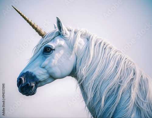 Elegant Unicorn Head with Flowing Mane and Golden Horn