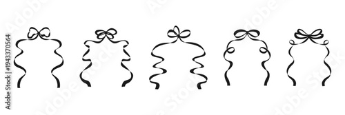 Hand drawn ribbon bow border. Whimsical bow frame template. Black minimalist cute girly vector. Contemporary aesthetic for wedding invitation, beauty branding, cards, social media, label, logo