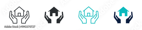 House protection icon set, home insurance property security hands holding house symbol, outline and solid and color style. Vector illustration.