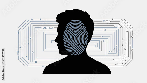 Human head silhouette with blue fingerprint and abstract circuit board pattern, representing digital identity, security, and biometric technology vector illustration
