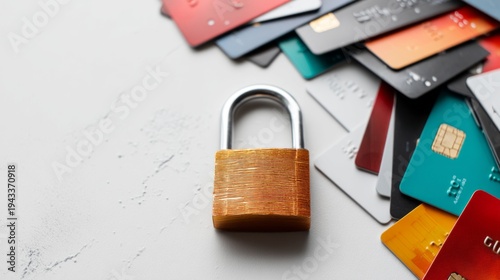 Security Lock with Scattered Cards Representing Consumer Protection and Breach Prevention