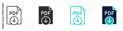 PDF download icon set, document file with download arrow digital file symbol, outline and solid and color style. Vector illustration.