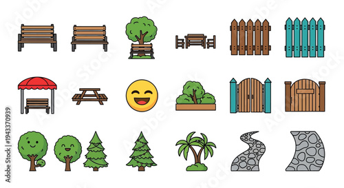 Colorful cartoon park elements including trees benches and fences