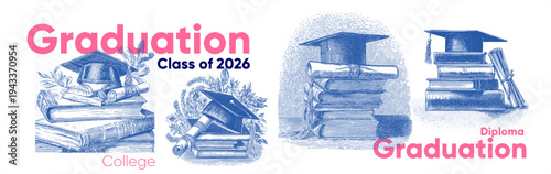 Illustration of graduation elements featuring a mortarboard, diploma, and books. The design highlights the theme of academic achievement for the Class of 2026.