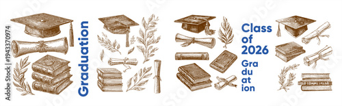 Illustration featuring graduation elements such as caps, diplomas, and books, symbolizing academic achievement. The text 'Class of 2026 Graduation' is prominently displayed.