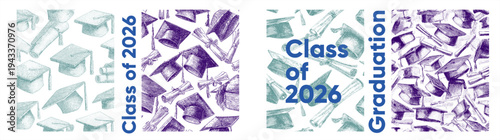 Illustration featuring graduation caps and diplomas with the text 'Class of 2026'. The design uses a mix of blue and purple hues, symbolizing achievement and celebration.