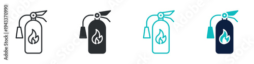 Fire extinguisher icon set, firefighting safety emergency equipment symbol, outline and solid and color style. Vector illustration.