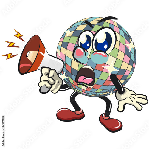 cute disco ball mascot character out loud with a loudspeaker, isolated vector illustration, work of hand drawn
