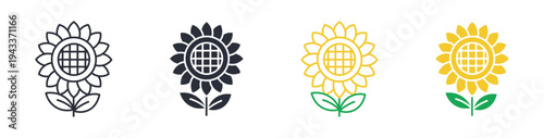 Sunflower icon set, sunflower bloom plant nature garden symbol, outline and solid and color style. Vector illustration.