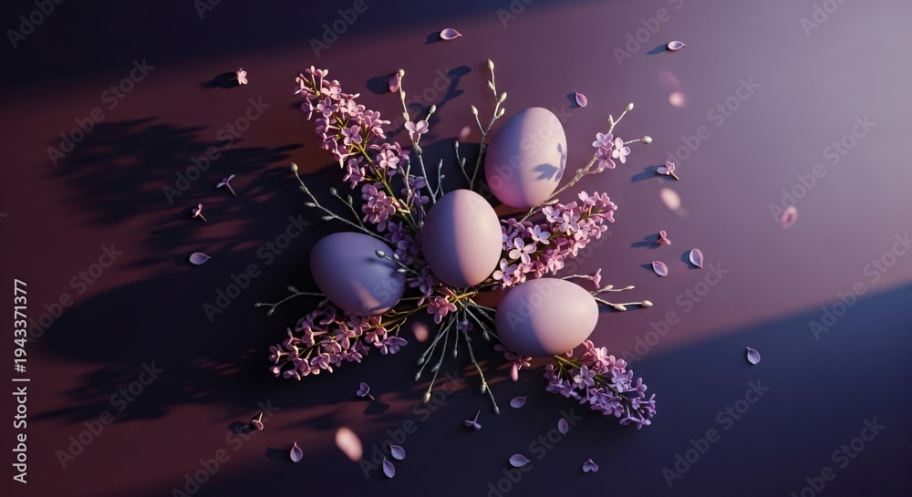 Fototapeta premium Elegant Easter eggs nestled among delicate lilac blossoms and petals on a dark background, perfect for spring holiday greetings, invitations, seasonal marketing, blog banners,