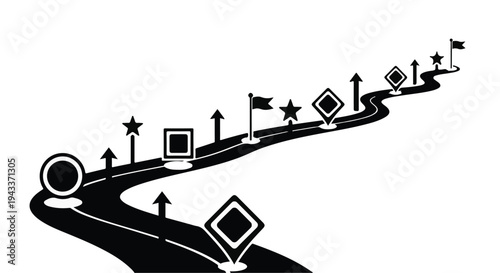 Black and white road map with arrows and symbols for success journey and navigation concept