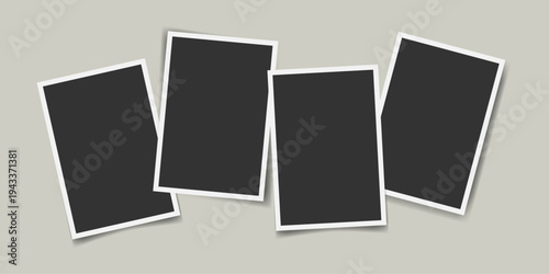 Realistic photo frame mockup with four vertical overlapping instant film prints. Empty placeholders for images. Vector template for photo collage, portfolio presentation, scrapbooking, social media