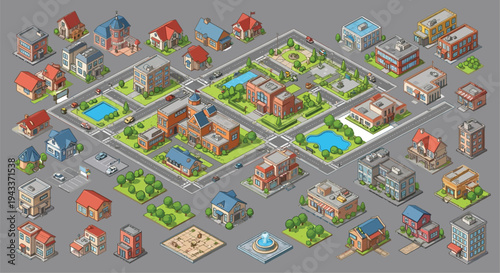 Isometric city illustration showcasing diverse buildings roads and green spaces