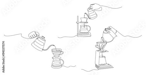 A set of three minimalist, continuous line images illustrating the art of brewing specialty pour-over coffee. Ideal for cafe menus, coffee shop branding, etc.