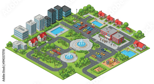 Isometric illustration of a colorful city with buildings roads and parks