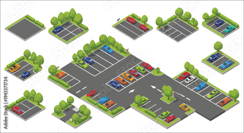 Isometric illustration depicting a busy parking lot with various parked cars