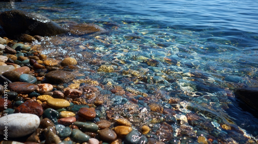 Fototapeta premium Summer sun warmed the pebbles on the shore beside the clear water.