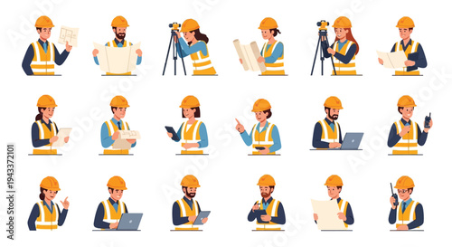 Diverse group of surveyors and engineers working with various tools