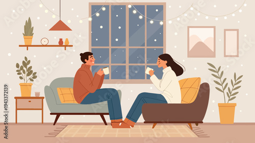 A cozy couple enjoying hot beverages together on a snowy night in their warm and inviting living room