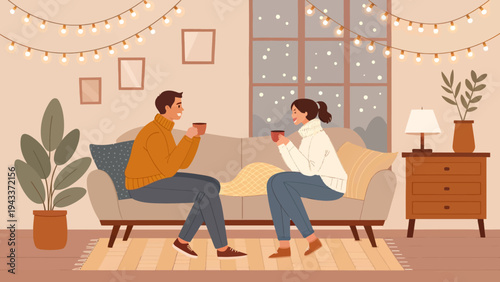 A cozy couple enjoying hot beverages together on a comfortable couch in a warm and inviting living room with festive string lights