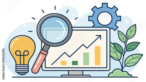 A computer monitor displays a graph with an upward trend, surrounded by a magnifying glass, light bulb, and gear, symbolizing business analysis and growth.