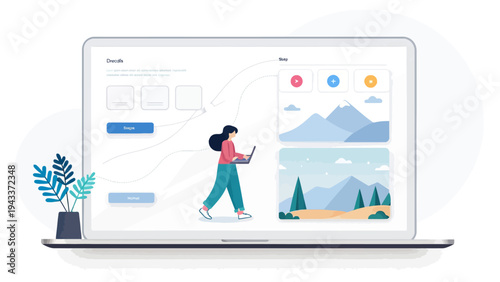 A woman works on a laptop with a graphic design project on the screen in a modern workspace