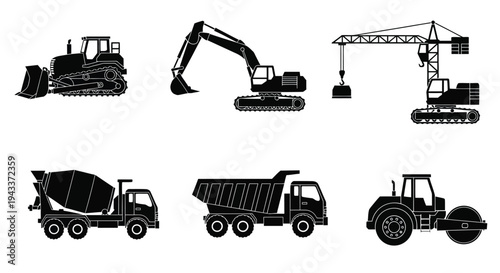 Silhouette illustrations of various construction vehicles and heavy machinery
