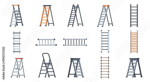 Collection of various ladders and step stools in different styles