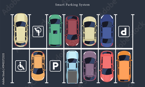 Smart Parking System Top Down View Parking Lot Layout Flat Vector Illustration