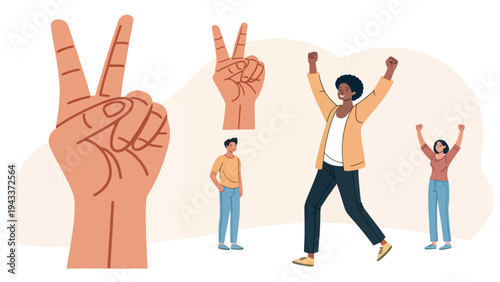 A diverse group of people expressing joy and peace with hand gestures
