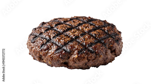 Cuadro en lienzo Juicy grilled beef hamburger patty, perfectly cooked with prominent char marks,