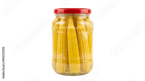 Foto Glass jar of bright yellow pickled baby corn cobs, perfectly preserved and ready