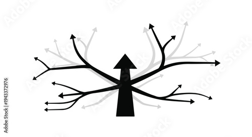 Business growth strategy concept with arrows pointing upwards and outwards in black and white, symbolizing success and expansion in corporate planning and development