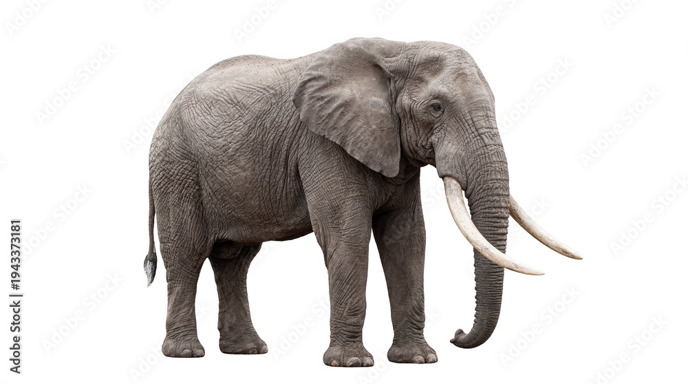 Obraz premium Majestic African elephant with large tusks standing gracefully, isolated on transparent background, powerful wildlife animal PNG