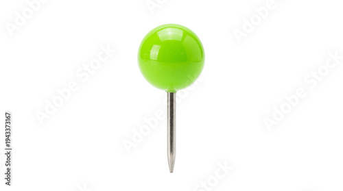 Vibrant green glossy pushpin with a sharp silver metallic needle, isolated on transparent background, essential office and school stationery PNG