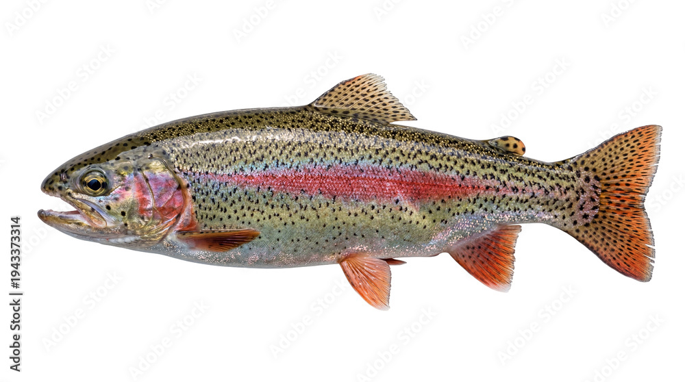 Naklejka premium Detailed rainbow trout freshwater fish with vibrant red stripe, speckled body, and orange fins, isolated PNG on transparent background