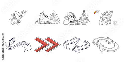 Christmas and arrows for coloring book pages reindeer Santa Claus snowman dolphin