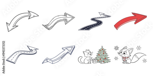 Cartoon cat fox christmas tree with arrows presents snowflakes
