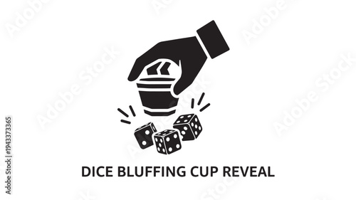 A black and white illustration of a hand revealing dice from a cup, with a dramatic effect, conveying a sense of chance and strategy.