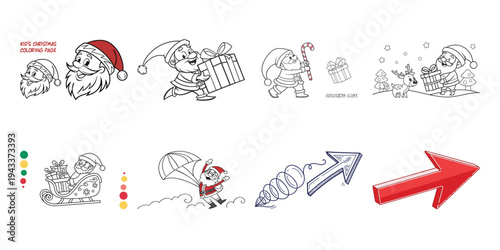 Christmas coloring page for kids with Santa Claus and elves