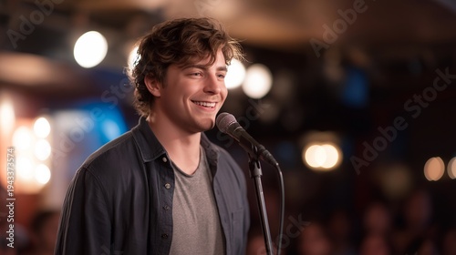 Wallpaper Mural Deaf comedian performing stand up routine using ASL, expressive face and animated signing, interpreter visible stage side, diverse audience laughing in packed comedy club, spotlight creating Torontodigital.ca