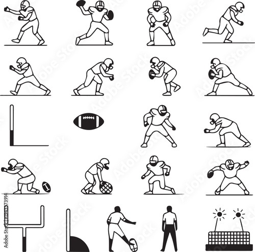 American Football Player Icons and Equipment Vector Illustration Set