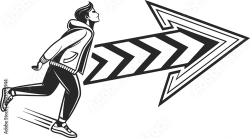 Black and white of a person running towards a large zigzag directional arrow zigzag arrow