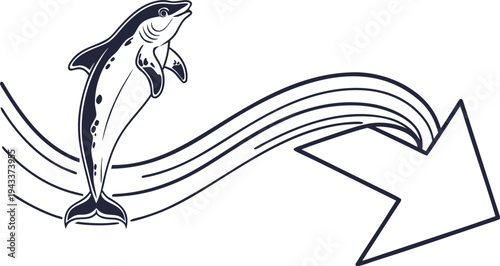 Dolphin jumping out of wavy lines forming arrow jumping dolphin black and white