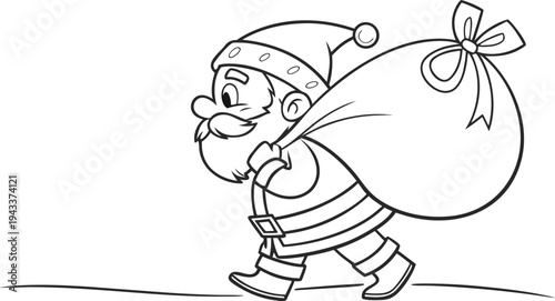 Santa claus carrying a large sack with a bow walking to the left christmas