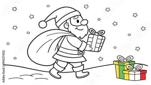 Santa claus delivering gifts with sack and presents