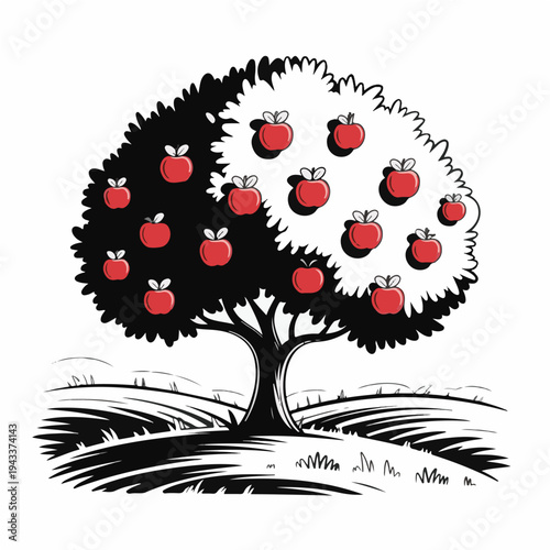 Apple Tree with Red Apples in Orchard Landscape Vector Illustration