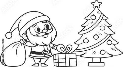 Cute santa claus standing with christmas tree and gift present sack