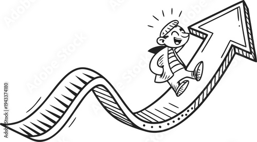 Hand drawn cartoon character running up a wavy upward arrow doodle black and white