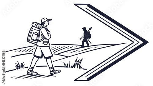 Black and white of two hikers walking on path with large arrow backpackers direction